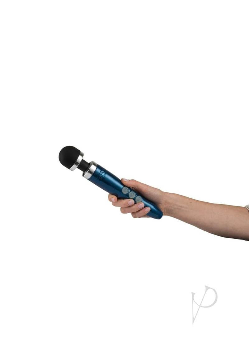 Hand holding the Doxy Die Cast 3 Rechargeable Wand Massager in blue color.