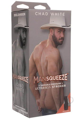 Man Squeeze Chad White Ass Vanilla packaging featuring an image of Chad White wearing a cowboy hat.