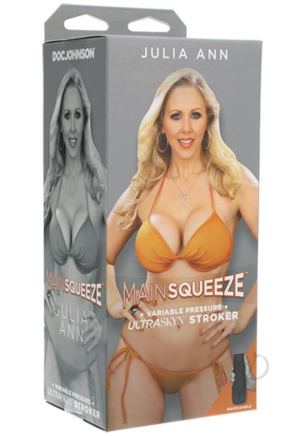 Main Squeeze Julia Ann Pussy ULTRASKYN Stroker packaging featuring Julia Ann in a bikini, by Doc Johnson
