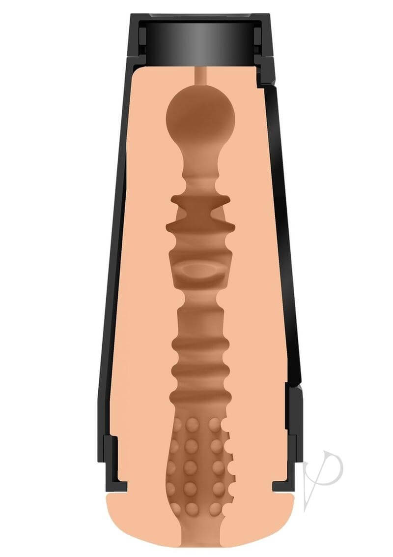 Cross-sectional view of Main Squeeze Cory Chase Pussy realistic stroker showcasing textured internal sleeve and hard outer case.