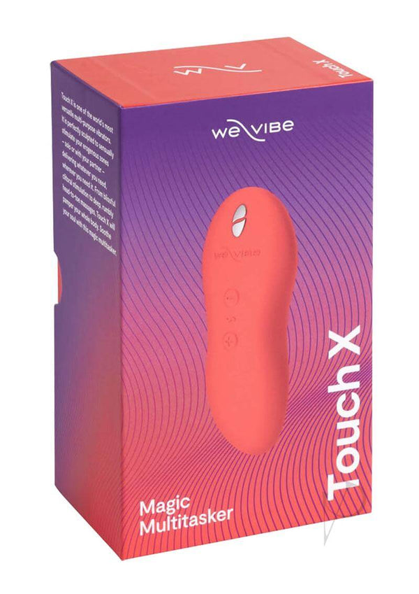We Vibe Touch X Crave Coral multi-purpose vibrator in packaging for versatile clitoral stimulation and full-body massage