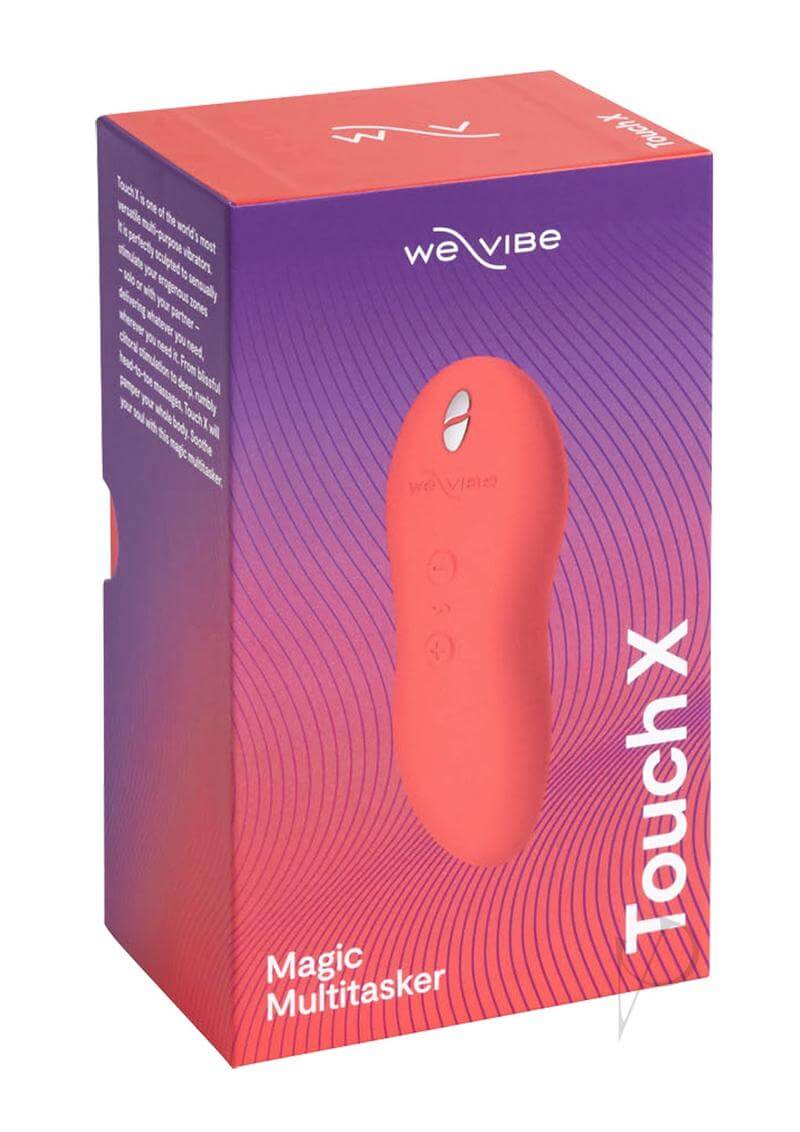 We Vibe Touch X Crave Coral multi-purpose vibrator in packaging for versatile clitoral stimulation and full-body massage