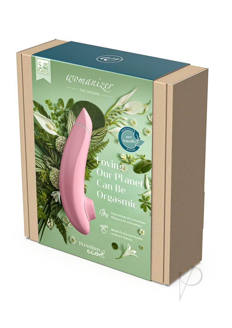 Womanizer Premium Eco Pink in recyclable packaging with Pleasure Air Technology for clitoral stimulation, made from biodegradable Biolene.