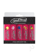 GoodHead Oral Delight Gel 5-Pack in French Vanilla, Cotton Candy, Blue Raspberry, Strawberry, and Pineapple flavors by Doc Johnson.