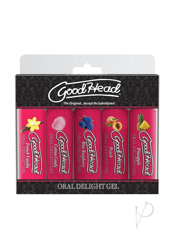 GoodHead Oral Delight Gel 5-Pack in French Vanilla, Cotton Candy, Blue Raspberry, Strawberry, and Pineapple flavors by Doc Johnson.
