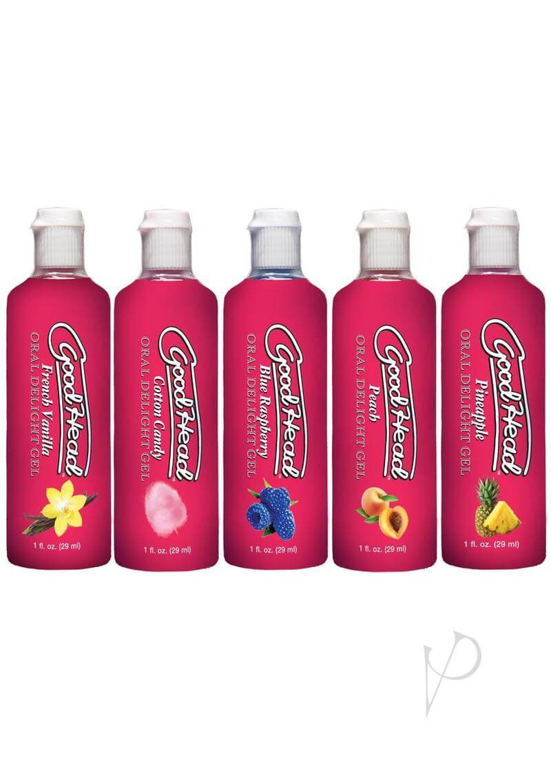 GoodHead Oral Delight Gel 5-Pack featuring French Vanilla, Cotton Candy, Blue Raspberry, Peach, and Pineapple flavors.