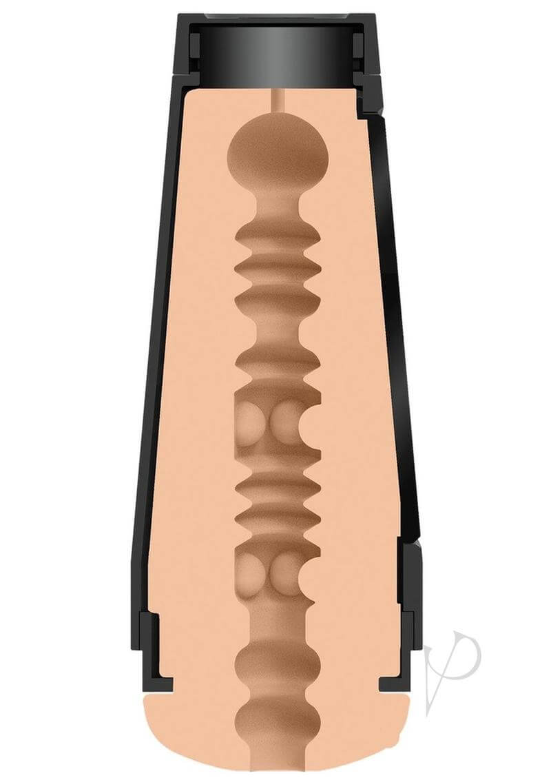 Cutaway view of Main Squeeze Karlee Grey ULTRASKYN Pocket Pussy highlighting textured internal sleeve with squeezable grip and adjustable suction cap.