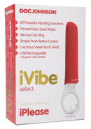 Doc Johnson iVibe Select iPlease, limited edition box showing red vibrator. 20 vibrating functions, discreet, silicone grip, USB rechargeable.