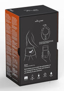 Packaging of We-Vibe Bond Black wearable ring showing app control capabilities and illustrations of how to wear and connect.