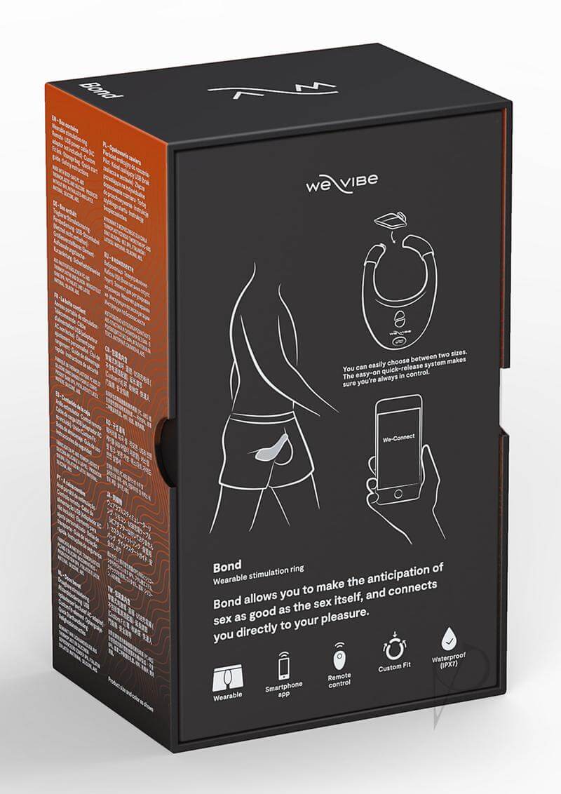 Packaging of We-Vibe Bond Black wearable ring showing app control capabilities and illustrations of how to wear and connect.