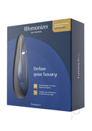 Womanizer Premium 2 Blueberry in packaging with 14 intensity levels, Smart Silence, and improved Autopilot for luxurious experience.