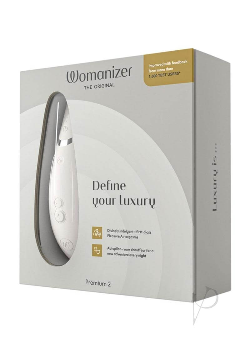 Womanizer Premium 2 Rechargeable Clitoral Stimulator in Warm Gray with Pleasure Air Technology in packaging