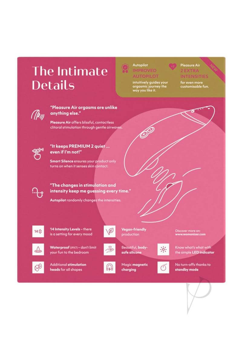 Womanizer Premium 2 Raspberry packaging, highlighting 14 intensity levels, Smart Silence, Autopilot feature, and indulgent experience