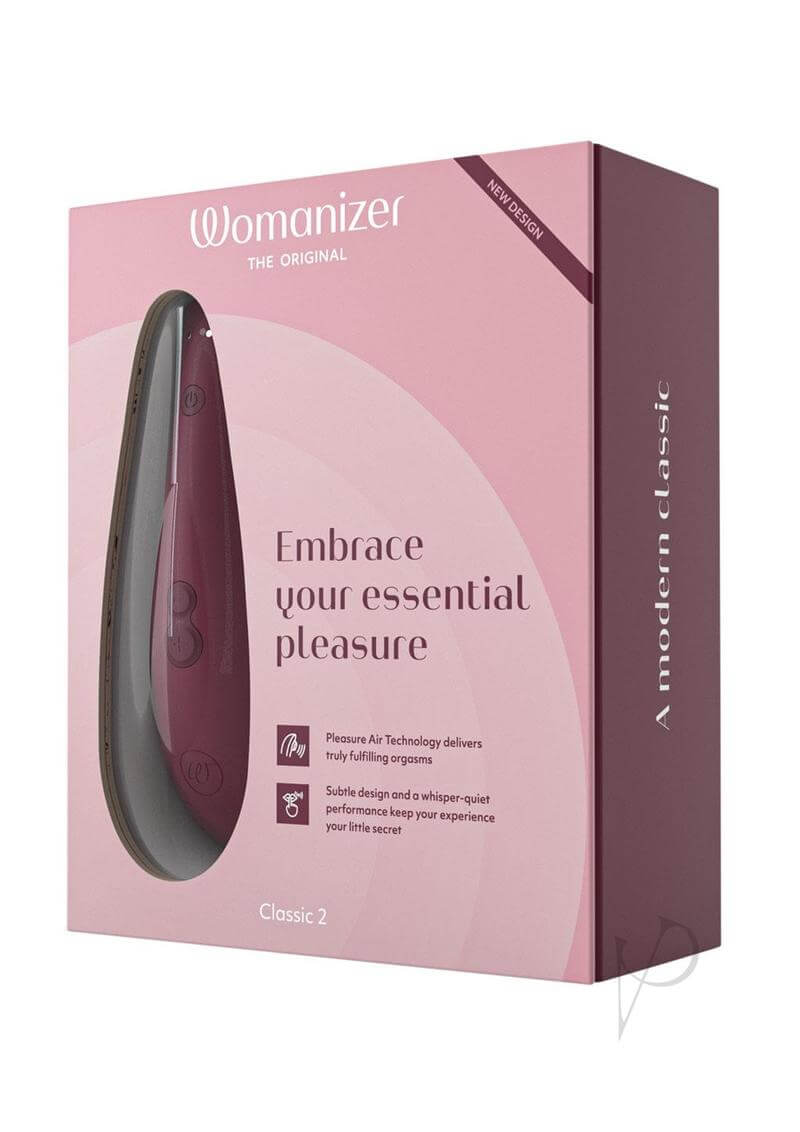 Womanizer Classic 2 Bordeaux in pink packaging showcasing modern design and pleasure features