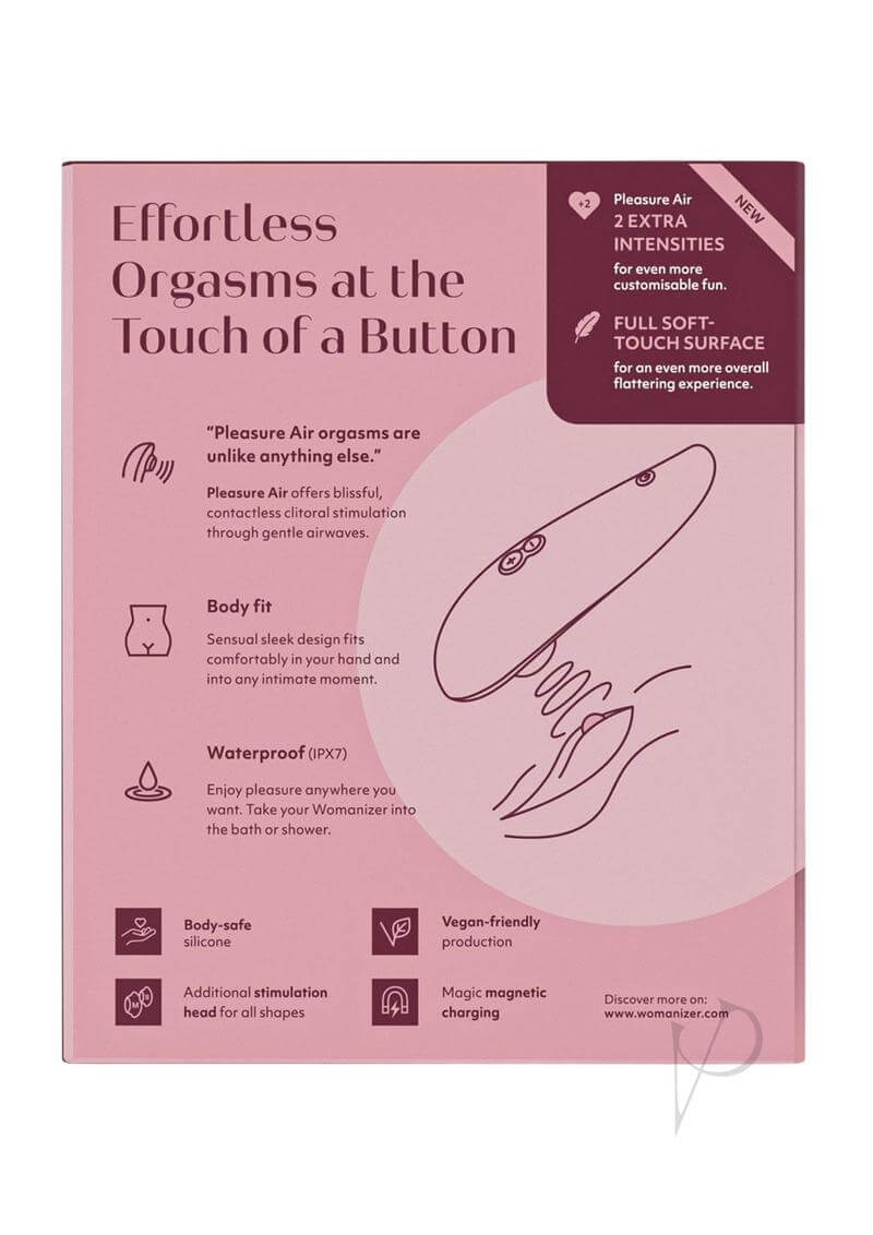 Womanizer Classic 2 packaging featuring Pleasure Air technology, 2 extra intensities, and a full soft-touch surface for enhanced experience.