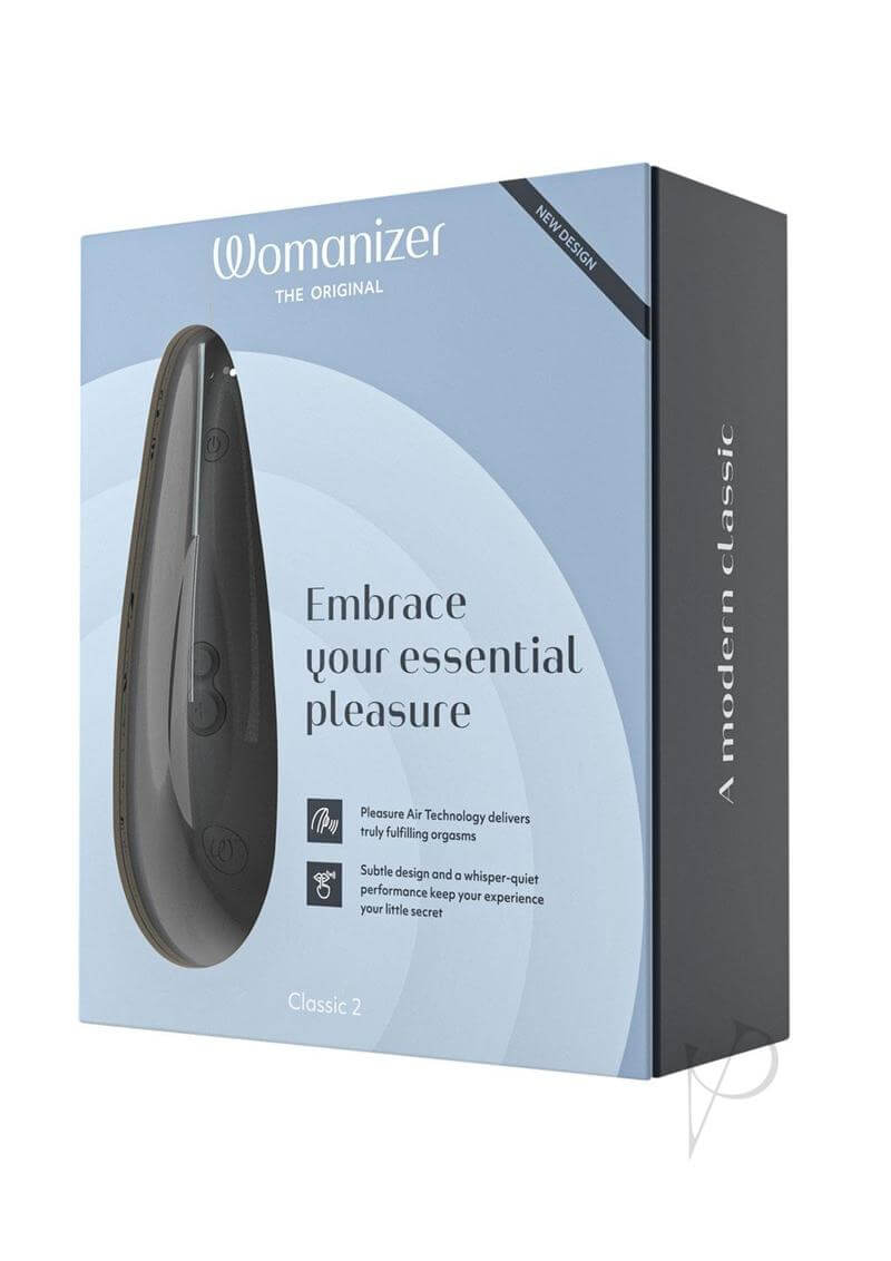 Womanizer Classic 2 Black box with product image, showcasing new features and 10 intensity levels.