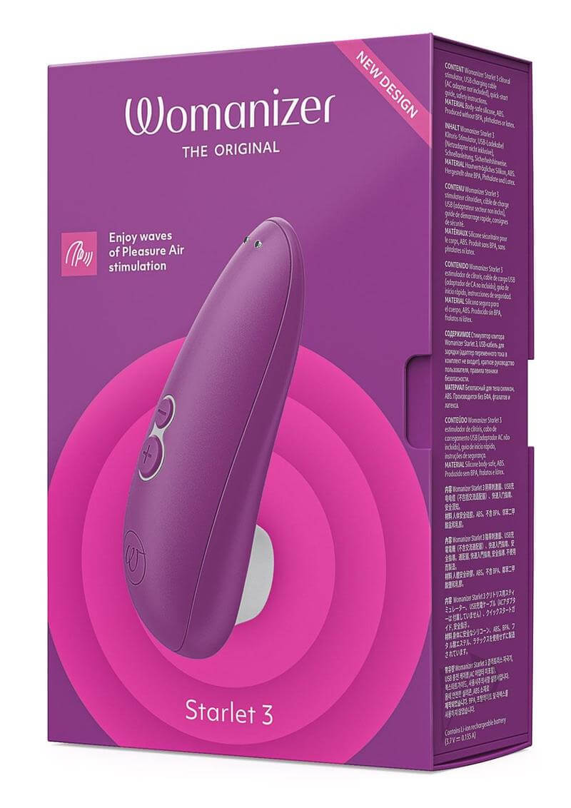 Violet Womanizer Starlet 3 in retail packaging showcasing its compact design and pleasure air stimulation features.