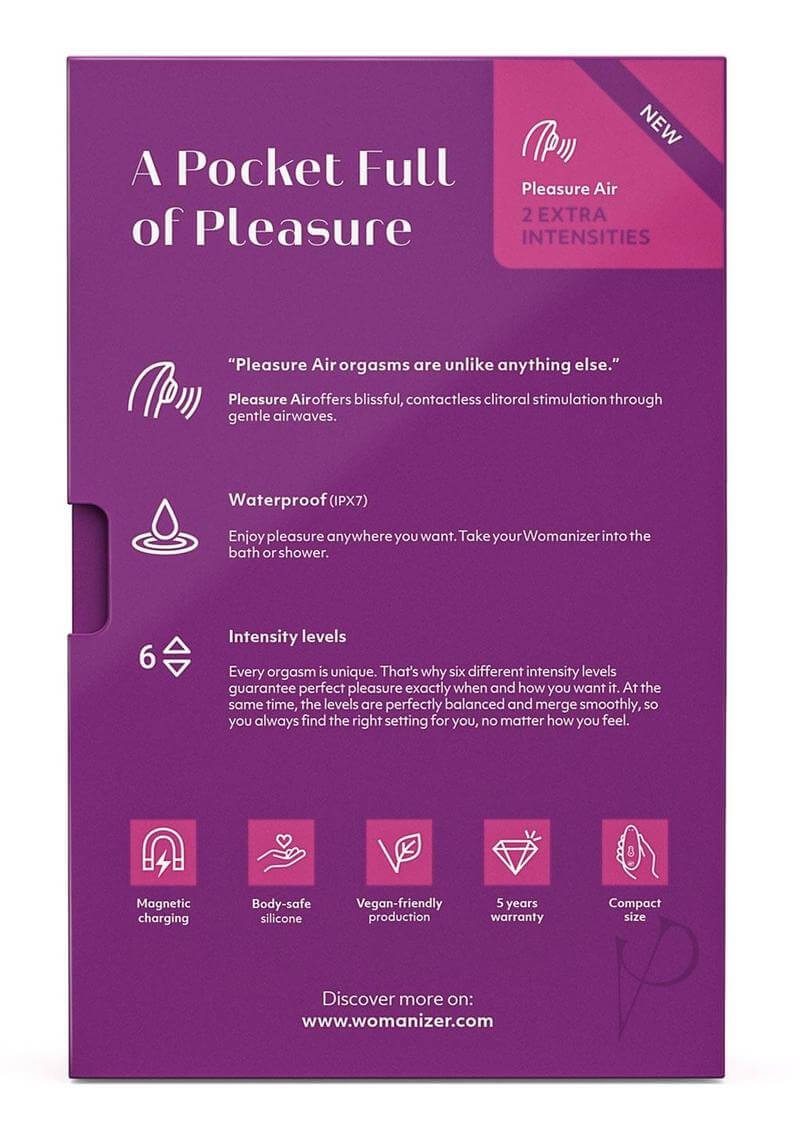 Back of the Womanizer Starlet 3 packaging highlighting features like waterproof, 6 intensity levels, magnetic charging, and compact size