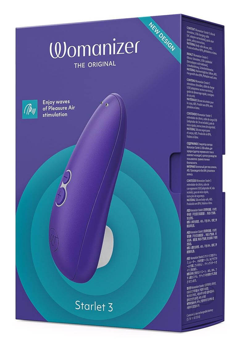 Womanizer Starlet 3 Indigo box, waterproof compact toy with 6 intensity levels for beginners, featuring new design in bright purple.