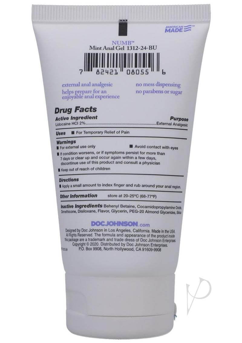 Back view of Numb Mint Anal Desensitizing Gel 2oz tube with ingredient and usage instructions.