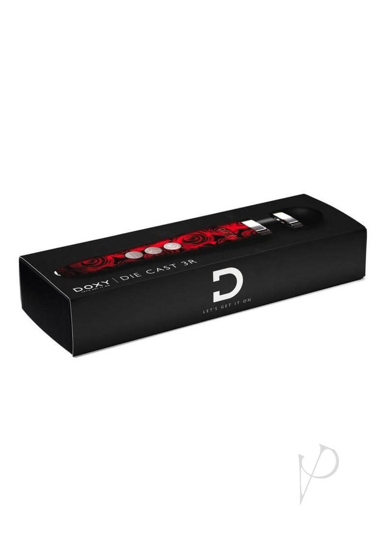 Doxy Die Cast 3R Rose Pattern rechargeable vibrating wand massager in black box packaging.