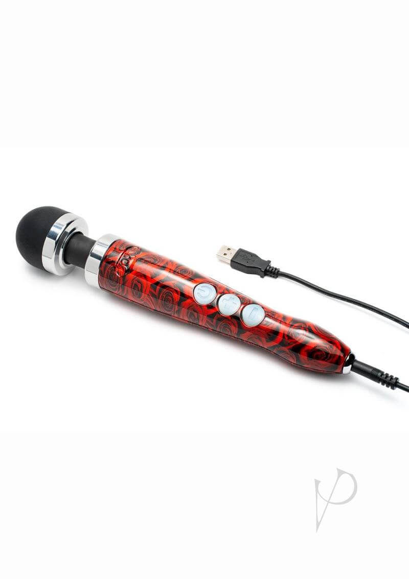Rechargeable Doxy Die Cast 3R Rose Pattern vibrating wand massager with USB cable.