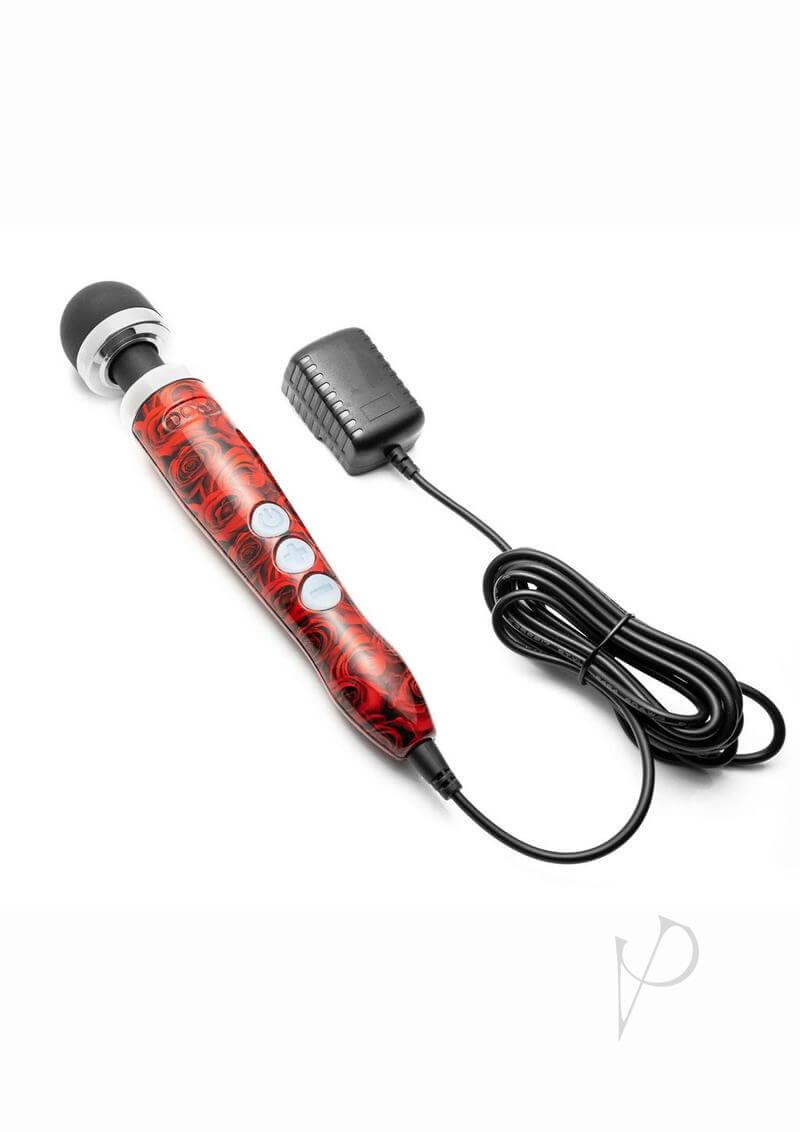 Doxy Die Cast 3 Rose Pattern Compact Wand Massager with adjustable power levels and intricate rose design, shown with attached power cord