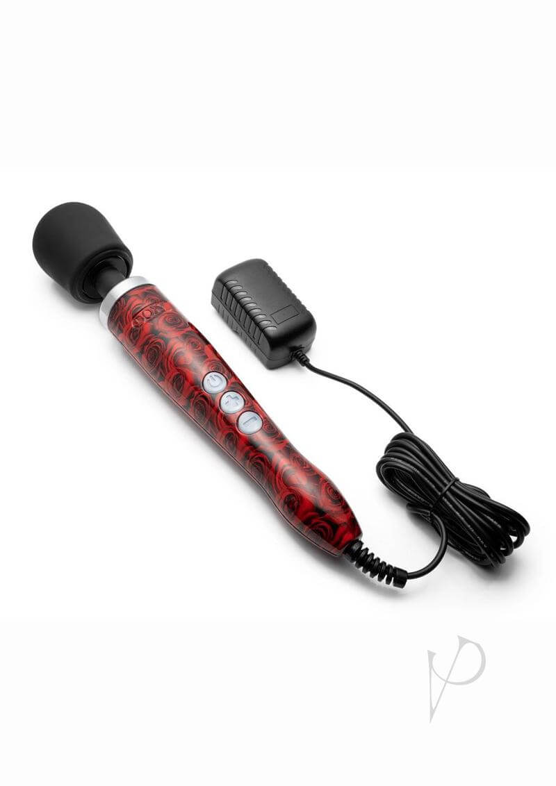 Doxy Die Cast Rose Pattern wand massager with luxurious design and power adapter for elevated sensations.