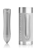 Doxy Bullet Silver vibrating bullet with packaging, sleek design for discreet and powerful stimulation.