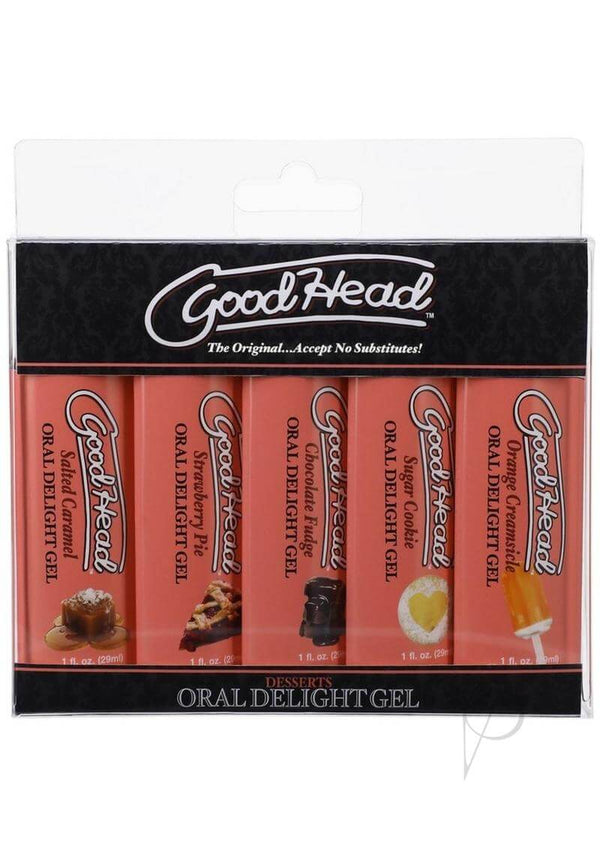 GoodHead Oral Delight Gel Desserts 5-Pack by Doc Johnson in assorted flavors, including Orange Creamsicle, Salted Caramel, Strawberry Pie, Chocolate Fudge, and Sugar Cookie