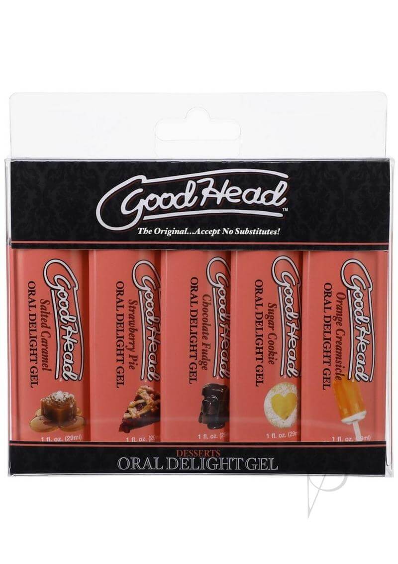 GoodHead Oral Delight Gel Desserts 5-Pack by Doc Johnson in assorted flavors, including Orange Creamsicle, Salted Caramel, Strawberry Pie, Chocolate Fudge, and Sugar Cookie