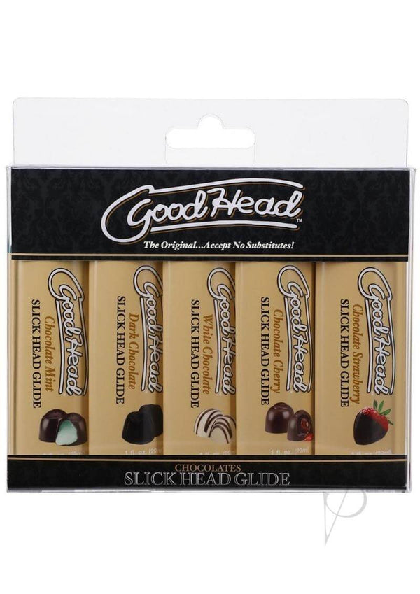 Goodhead Slick Head Glide Chocolate 5pk water-based lubricants in various chocolate flavors packaging.