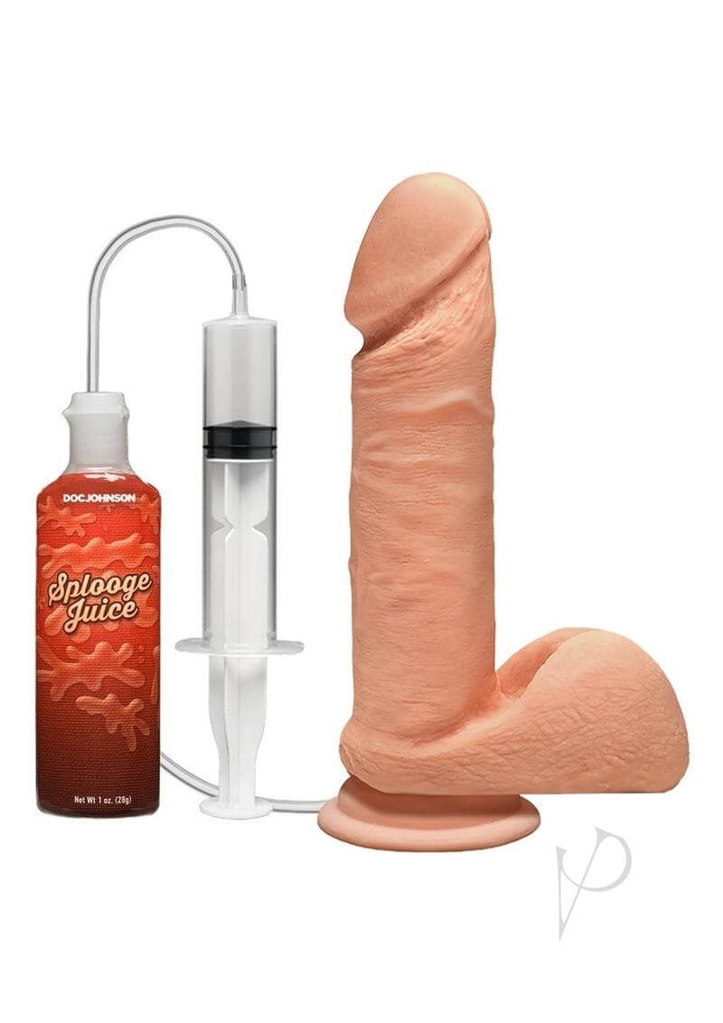 The Perfect D Squirting 7-Inch Vanilla Dildo with Splooge Juice and syringe attachment.