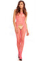 Rene Rofe pink suspender bodystocking on model, featuring a seductive fishnet design and one size fits most fit.