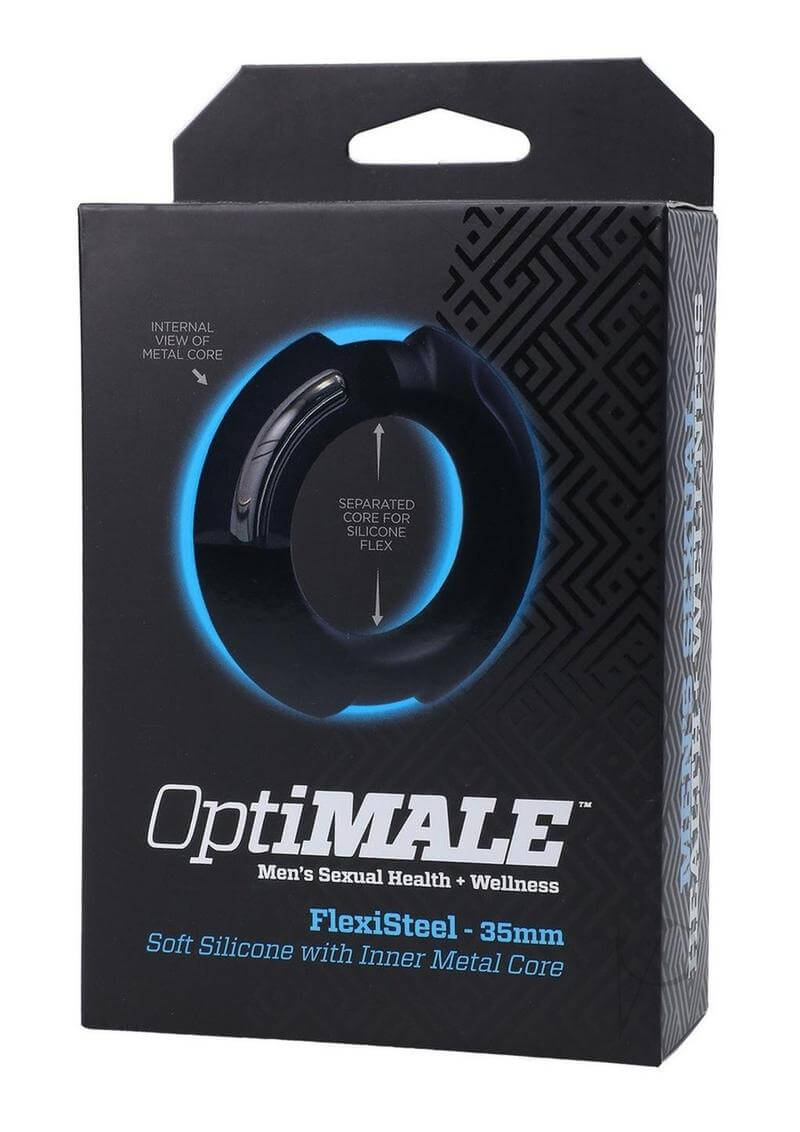 Packaging of Optimale Flexisteel Cockring 35mm in black featuring soft silicone with an inner metal core for men's sexual health and wellness.