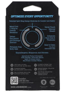 Back packaging of Optimale Flexisteel Cockring detailing features like metal core C-ring, velvet-touch silicone, and product dimensions.
