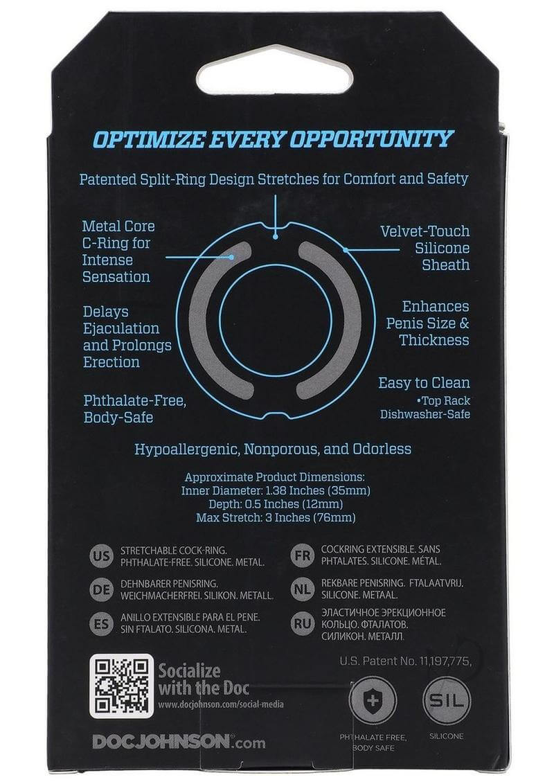 Back packaging of Optimale Flexisteel Cockring detailing features like metal core C-ring, velvet-touch silicone, and product dimensions.
