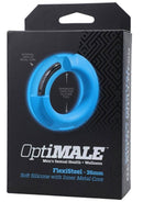 Packaging of Optimale Flexisteel 35mm Blue Cock Ring, showing hybrid design of stainless steel and silicone for strength and flexibility.