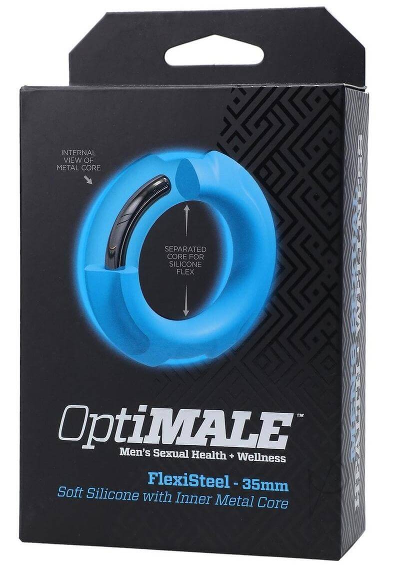 Packaging of Optimale Flexisteel 35mm Blue Cock Ring, showing hybrid design of stainless steel and silicone for strength and flexibility.