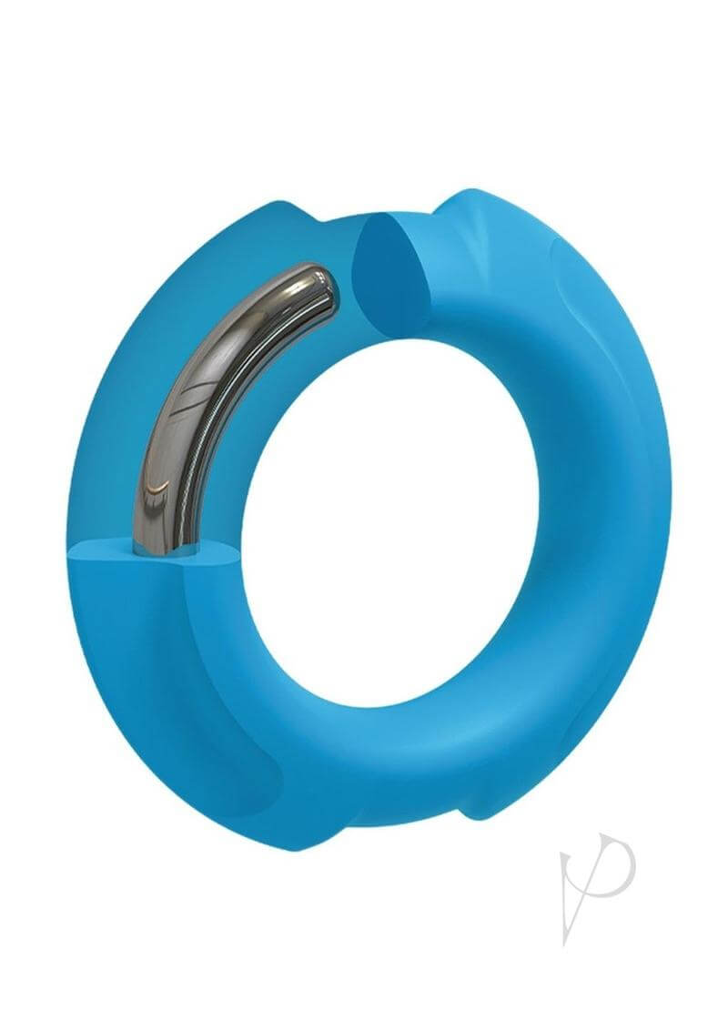Optimal Flexisteel 35mm blue cock ring stainless steel silicone hybrid displaying unique open-sided design.