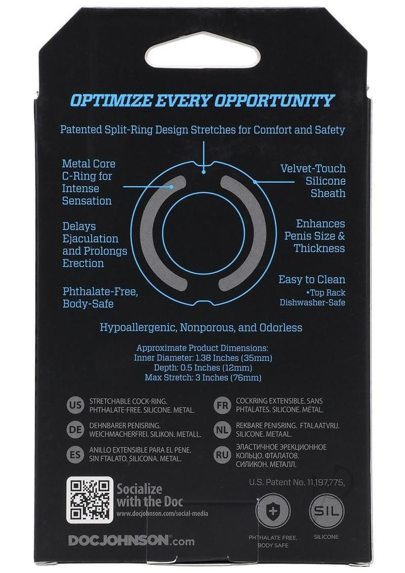 Rear packaging of Optimale Flexisteel 35mm Blue Cock Ring highlighting product features and benefits, including stretchable silicone and metal core.