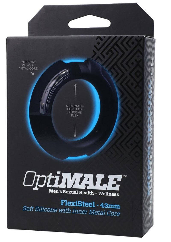 Optimale Flexisteel Cockring 43mm packaging, showcasing silicone and stainless steel blend for ultimate pleasure and comfort