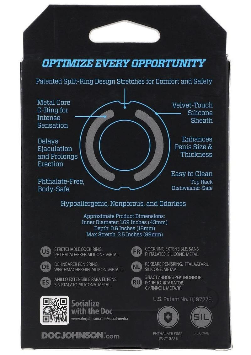 Optimale Flexisteel Cockring packaging highlighting features such as comfort, durability, and enhanced pleasure.