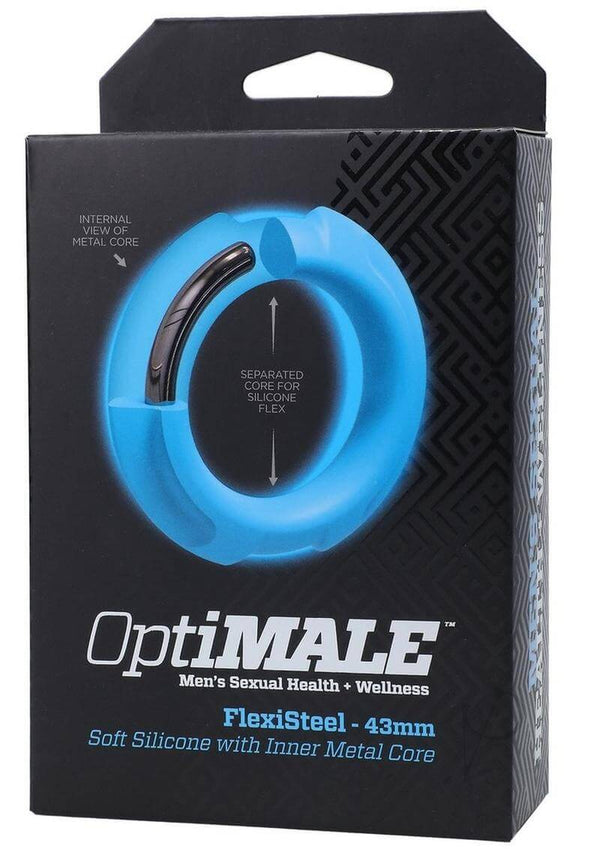 Optimale Flexisteel Cockring 43mm Blue packaging with soft silicone and inner metal core for enhanced sensation.