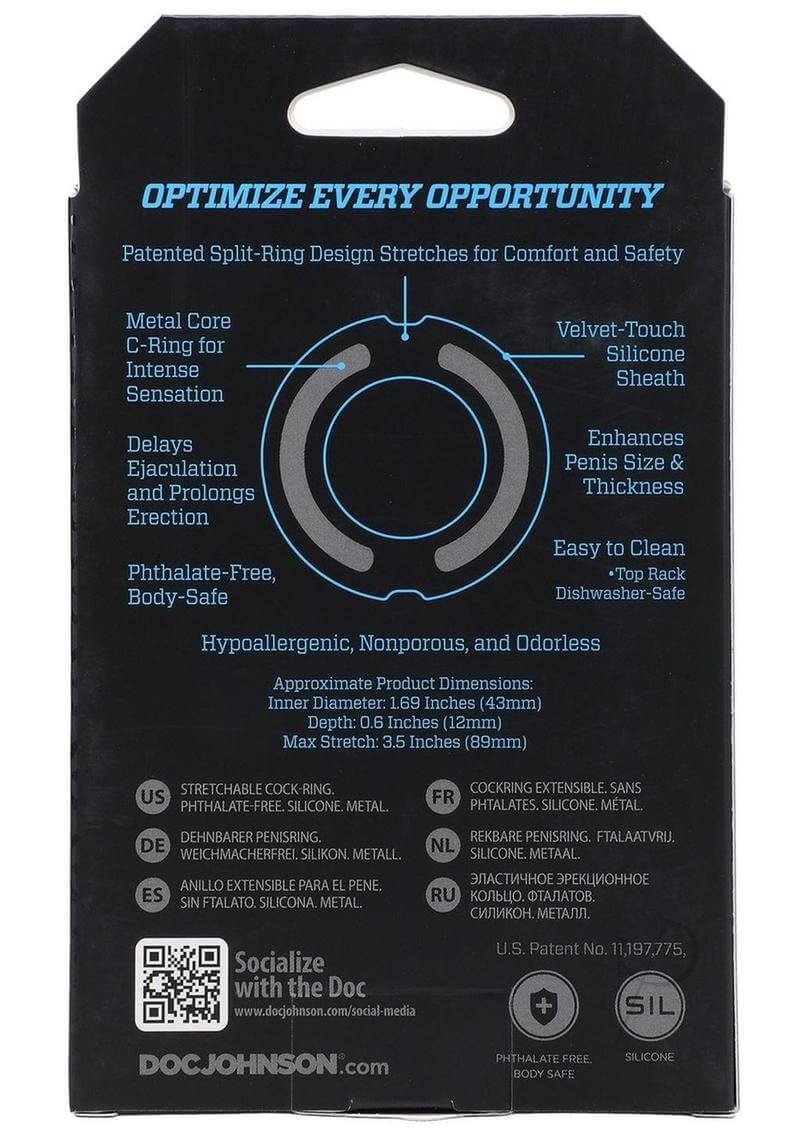 Back of Optimale Flexisteel Cockring 43mm Blue packaging detailing key features and specifications.