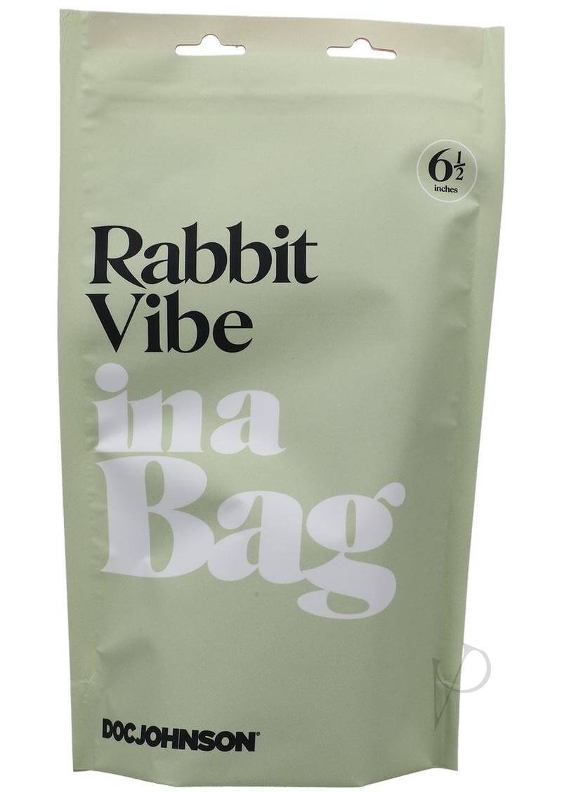 Packaging of "In a Bag Rabbit Vibe" discreet black vibrator with Doc Johnson branding, hygienic silicone, 10 functions.