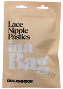 Packaging of Doc Johnson's Lace Nipple Pasties, In A Bag, featuring elegant and ethical vegan leather and lace design