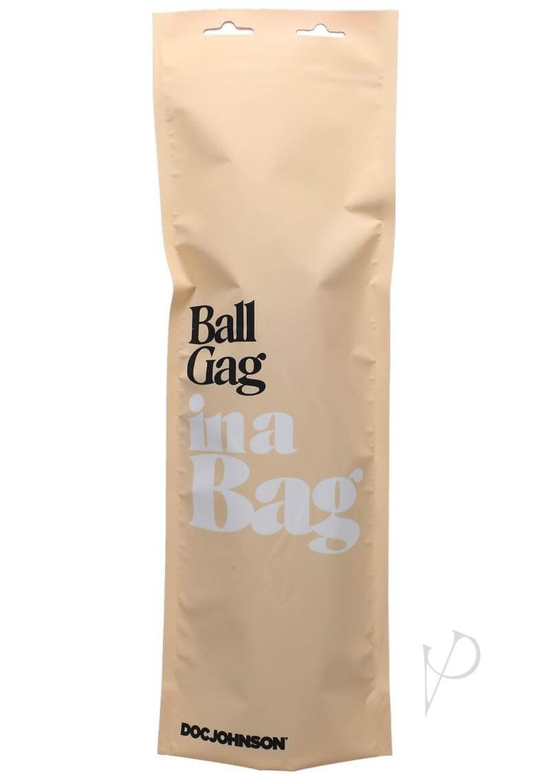 Beige packaging of Doc Johnson's Ball Gag in a Bag with black and white text detail.