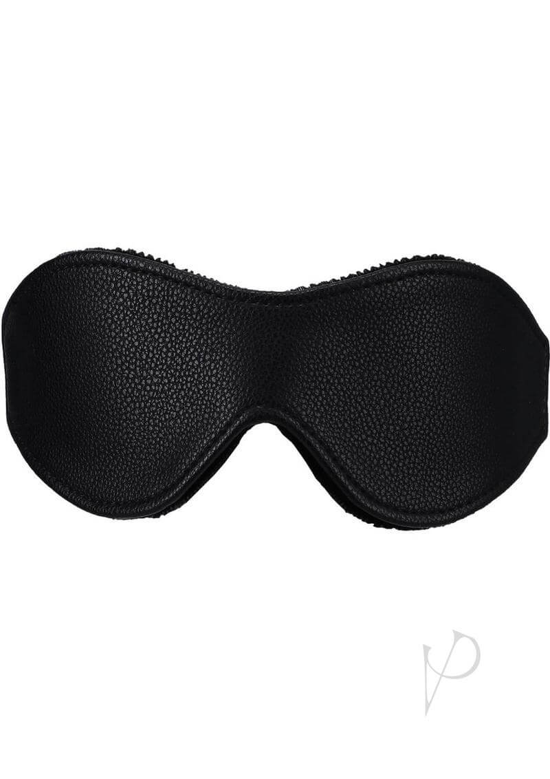 Comfortable vegan leather blindfold with soft velvet lining in black, designed for sensory deprivation and intimate moments.