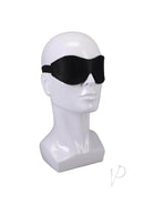 Black vegan leather blindfold with soft velvet lining displayed on a mannequin head